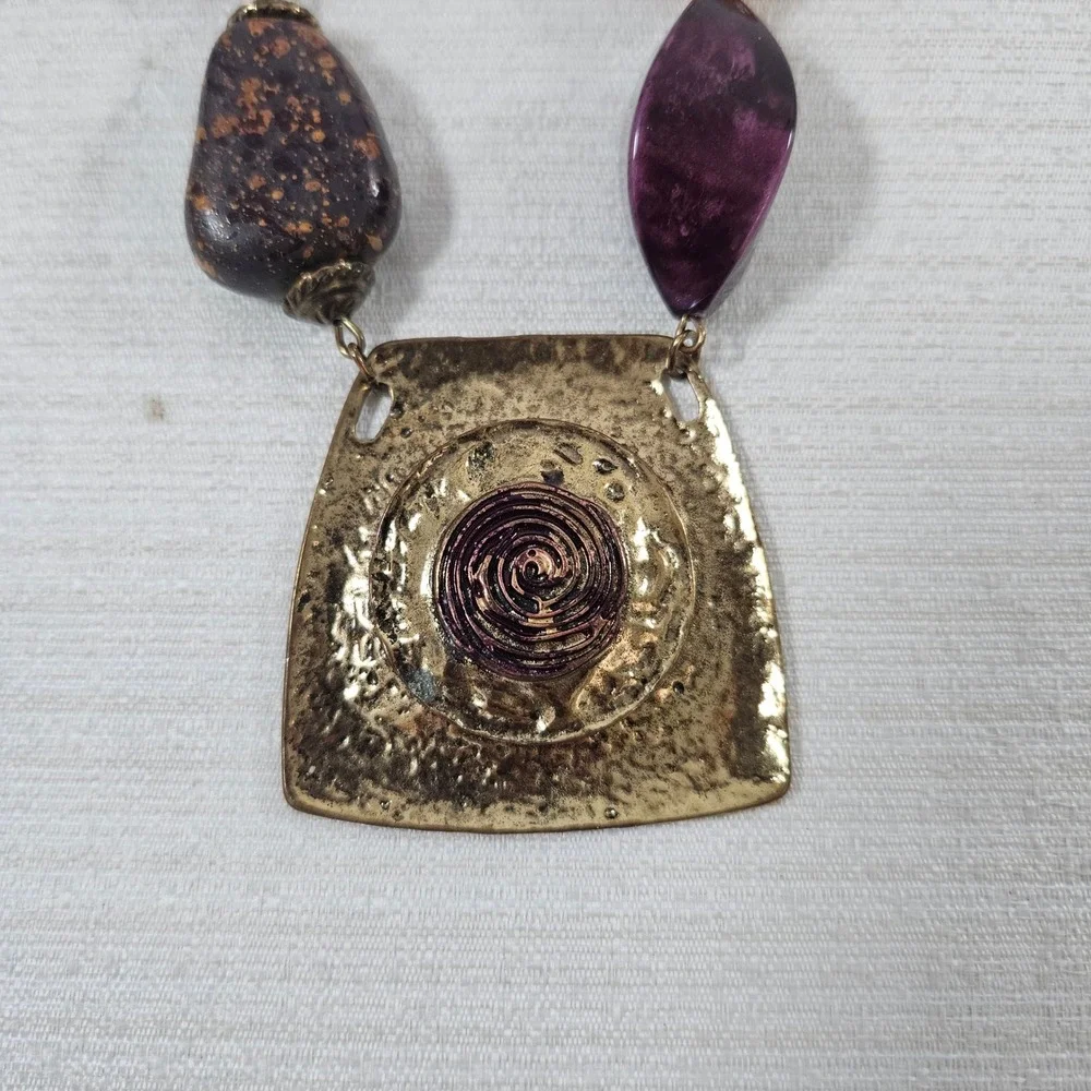 Boho Chunky Bead Statement Necklace Hammered Brass Spiral Pendant Purple Amber